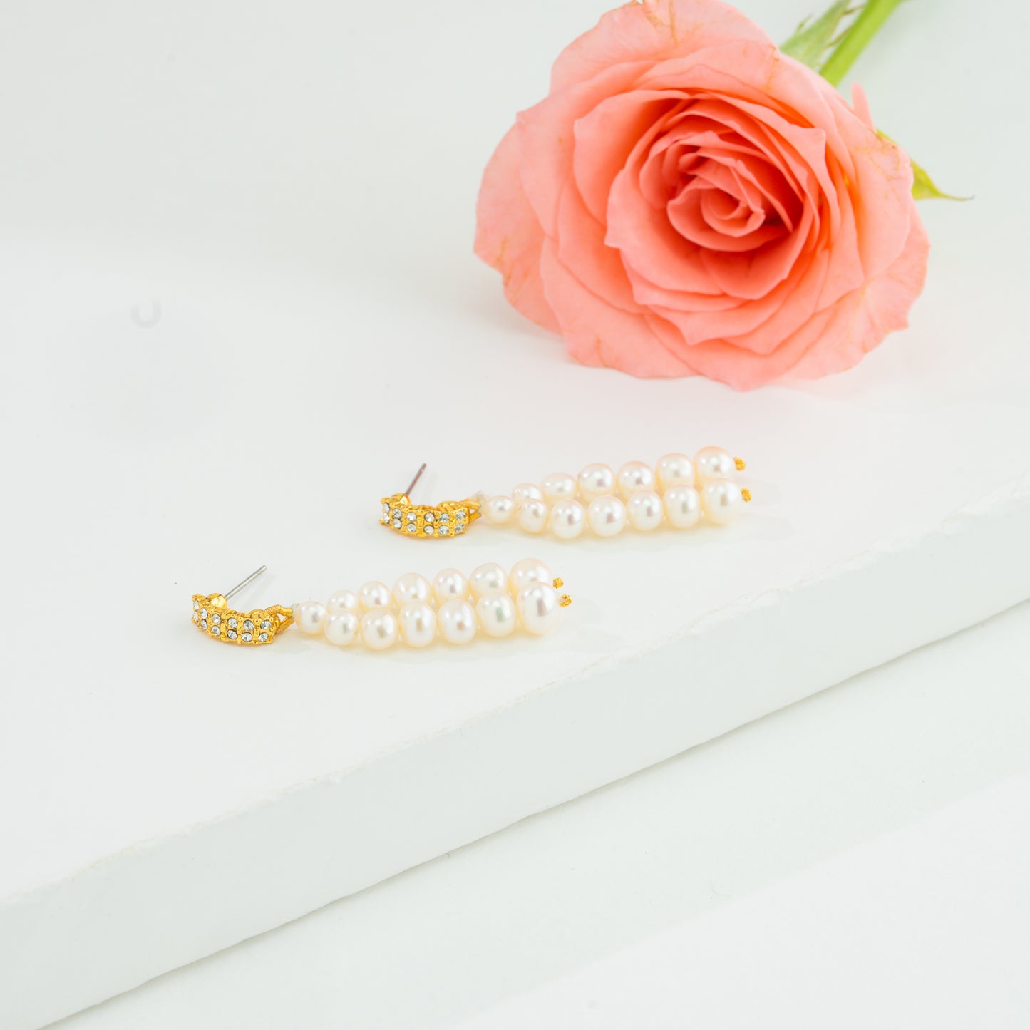 White Near Round Freshwater Hanging Pearl Earrings