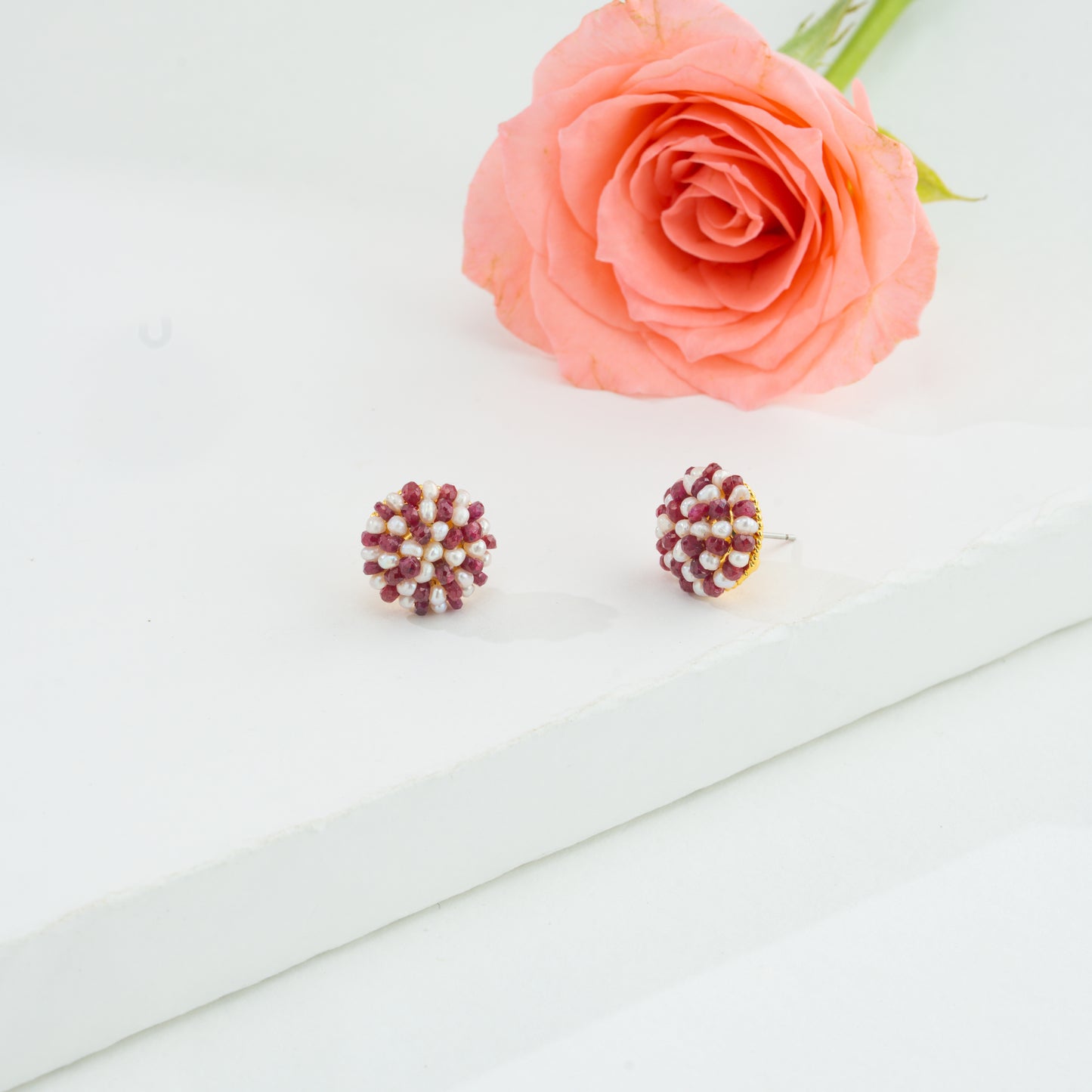 Natural Ruby Seed Freshwater Pearl Stud Earrings