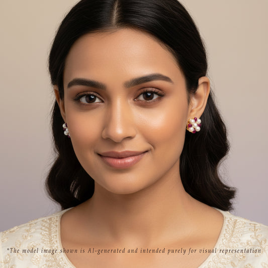 Natural Ruby Near Round White Freshwater Pearl Stud Earrings