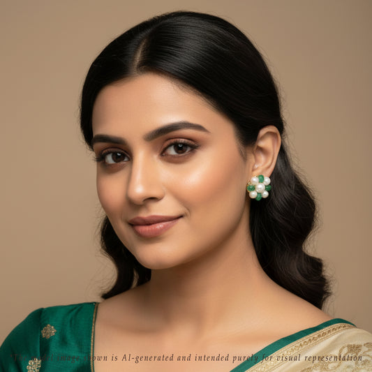 Natural Emerald Near Round Freshwater Pearl Stud Earrings