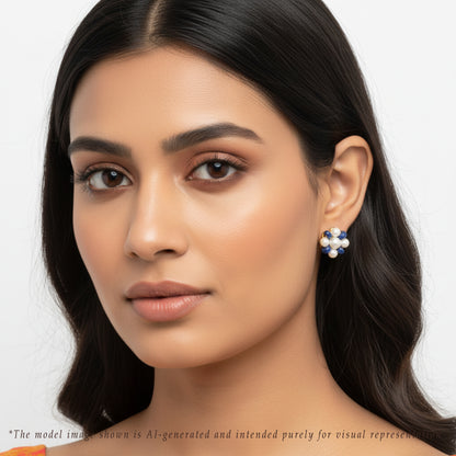 Natural Blue Sapphire Near Round White Freshwater Pearl Stud Earrings