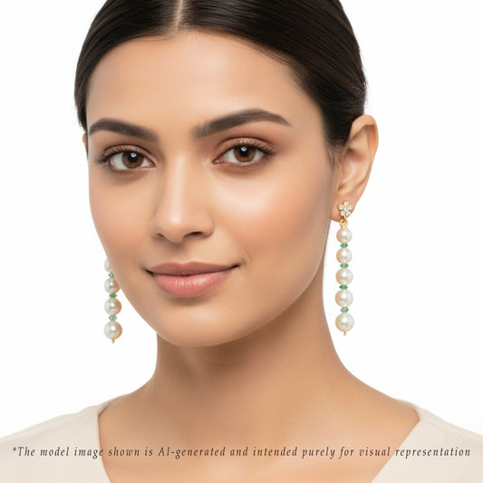 Natural Emerald And Freshwater Near Round Grading Freshwater Pearl Dangling Earrings