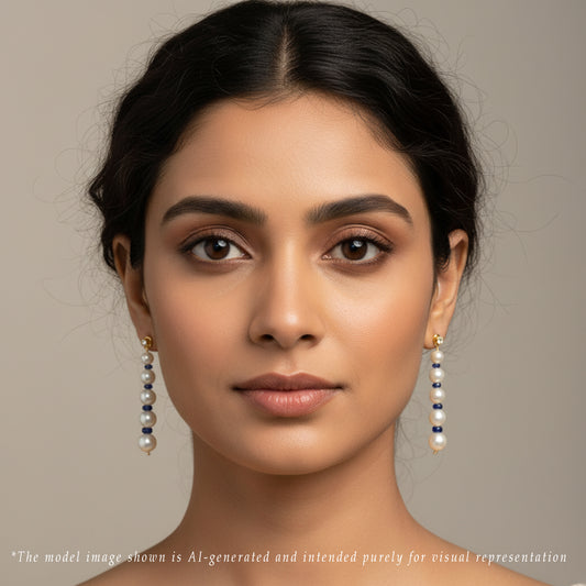 Natural Blue Sapphire Near Round White Grading Freshwater Pearl Hanging Earrings