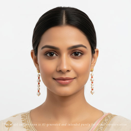 Coral Near Round Freshwater Pearl Dangling Earrings