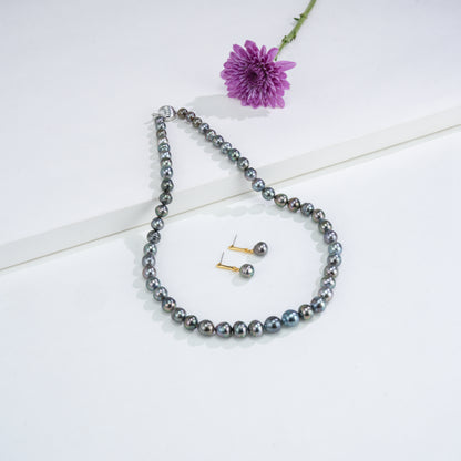 9.0-10.00mm Black  Near Round Ringed Tahitian Pearls  Necklace Set -AA Quality