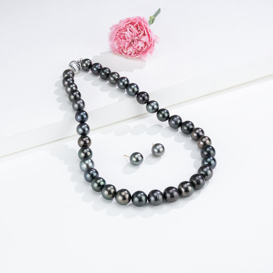 13.0-14.0mm Round Black Tahitian Saltwater Pearl Necklace Set - AA Quality