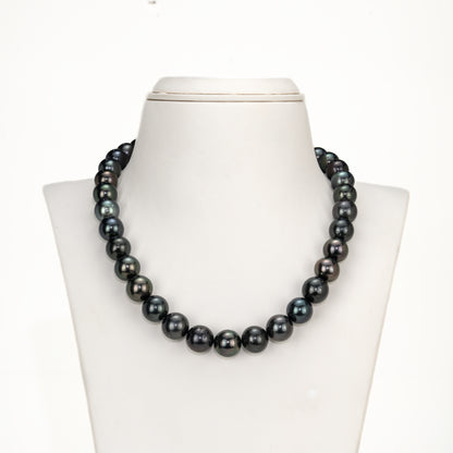 13.0-14.0mm Round Black Tahitian Saltwater Pearl Necklace Set - AA Quality