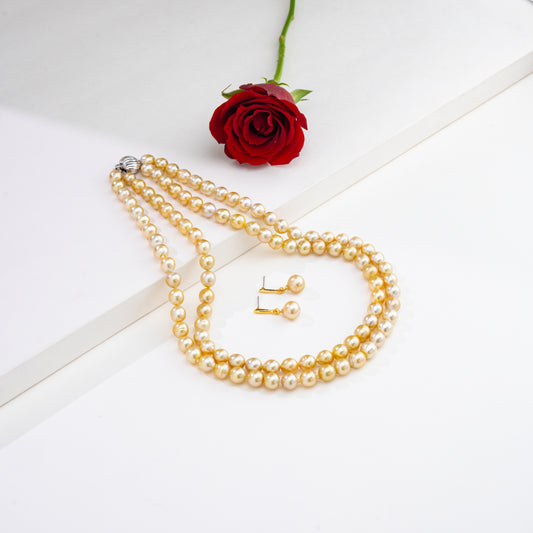 8.0-9.0mm Golden Near Round Ringed South Sea Pearl Necklace Set - A Quality