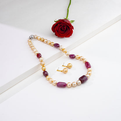 Natural Ruby Beads and 11.0-12.0mm Golden Near Round South Sea Pearl Necklace Set -A Quality