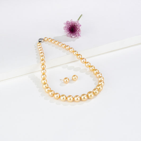 12.0-13.0mm Golden Round South Sea Pearls Necklace Set - AAA Quality