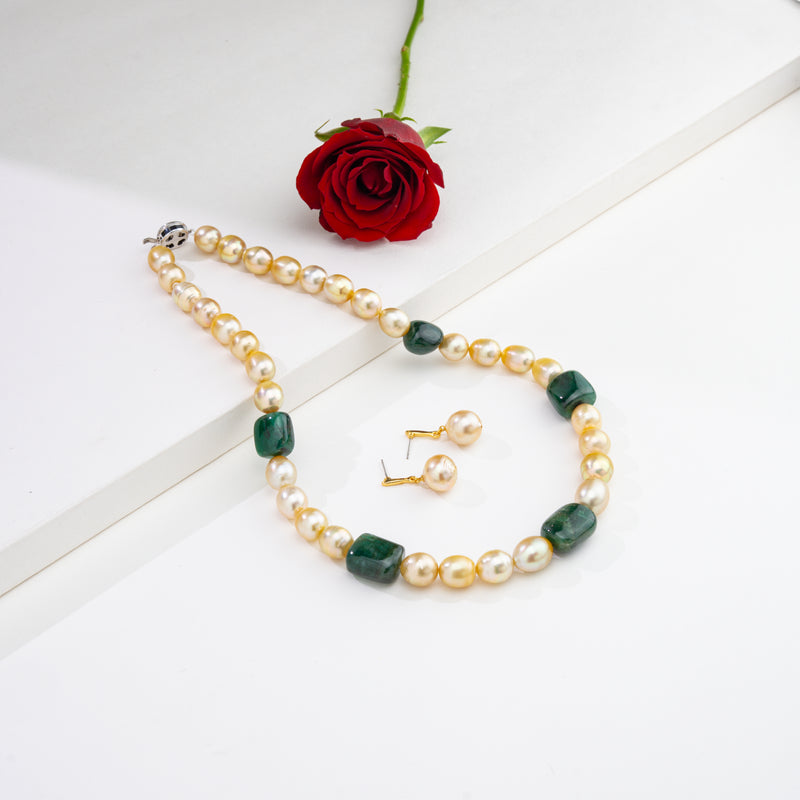 Natural Emerald Beads and 12.0-13.0mm Golden Drop South Sea Pearl Necklace Set - AA Quality