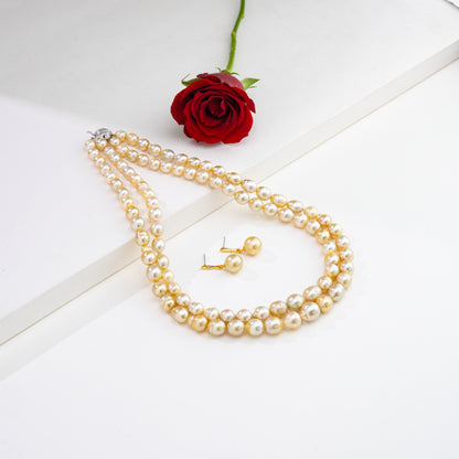 10.0-11.0mm Golden Drop Ringed South Sea Pearl Necklace Set - A Quality