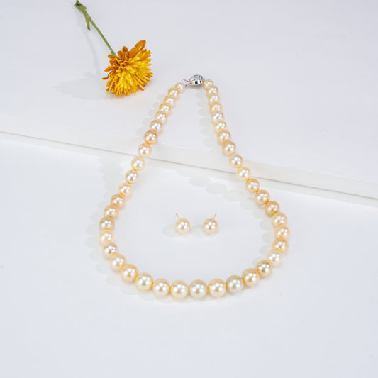 8.0-13.0mm Golden Round South Sea Pearls Necklace Set - AAA Quality