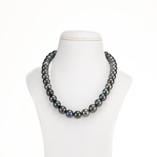 12.0-13.0mm Round Black Tahitian Saltwater Pearl Necklace Set - AA Quality