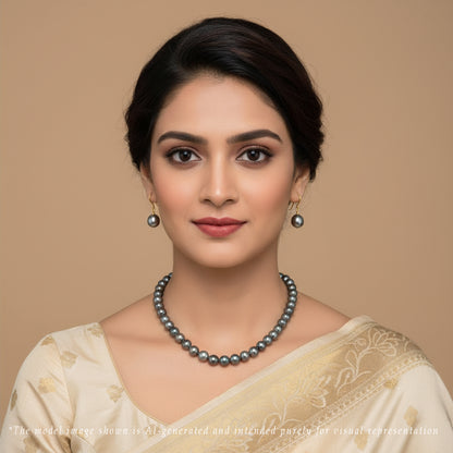 9.0-10.00mm Black  Near Round Ringed Tahitian Pearls  Necklace Set -AA Quality