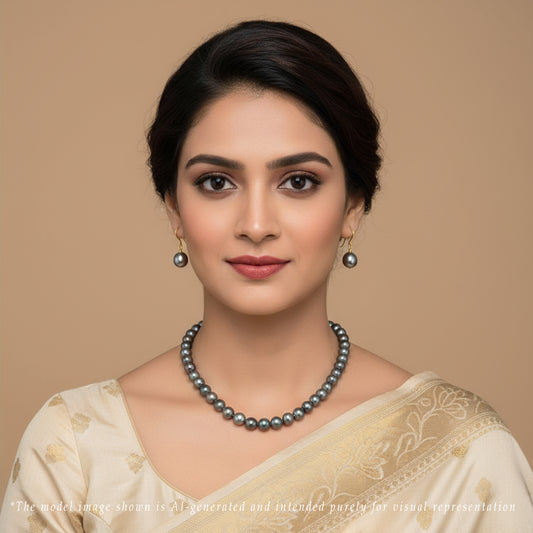 9.0-10.00mm Black  Near Round Ringed Tahitian Pearls  Necklace Set -AA Quality