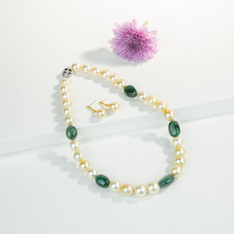 Natural Emerald Beads and 11.0-12.0mm Golden Near Round South Sea Pearl Necklace Set - AA Quality
