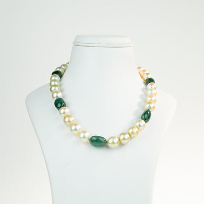 Natural Emerald Beads and 11.0-12.0mm Golden Near Round South Sea Pearl Necklace Set - AA Quality