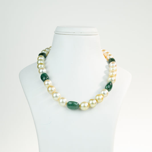 Natural Emerald Beads and 11.0-12.0mm Golden Near Round South Sea Pearl Necklace Set - AA Quality