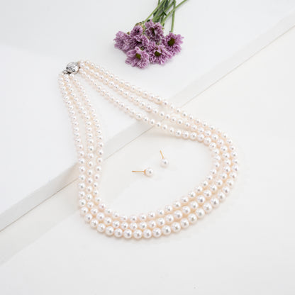 Grading White Round Saltwater Akoya Three-Line Pearl Necklace Set - AAA Quality