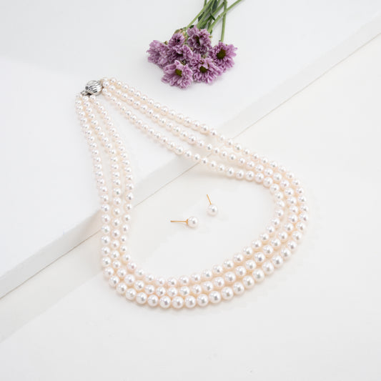 Grading White Round Saltwater Akoya Three-Line Pearl Necklace Set - AAA Quality