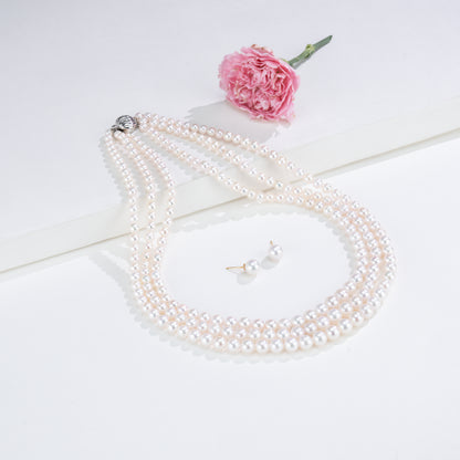 Grading White Round Saltwater Akoya Three-Line Pearl Necklace Set - AAA Quality