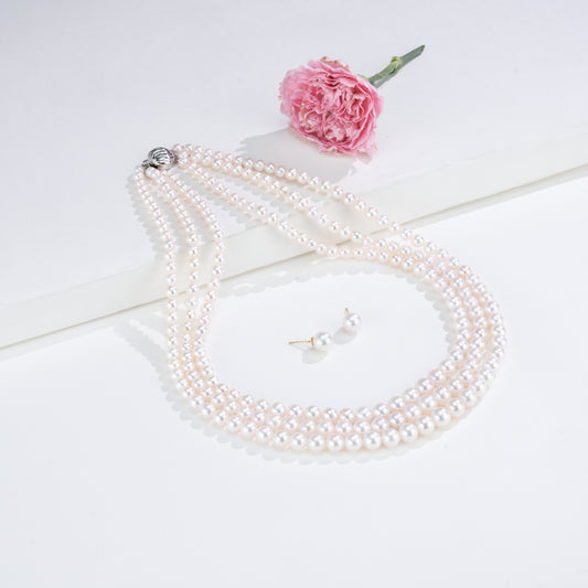 Grading White Round Saltwater Akoya Three-Line Pearl Necklace Set - AAA Quality
