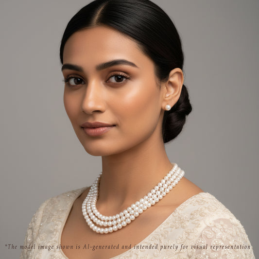 Grading White Round Saltwater Akoya Three-Line Pearl Necklace Set - AAA Quality