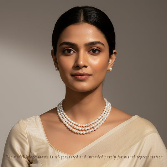 Grading White Round Saltwater Akoya Three-Line Pearl Necklace Set - AAA Quality