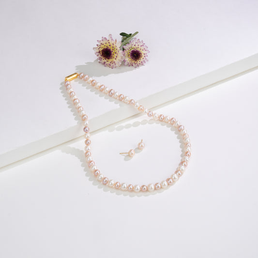 7.0-8.0mm Multicolor Near Round Freshwater Pearl Necklace Set- AA Quality