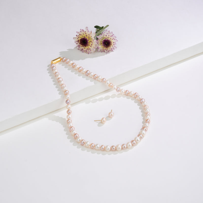 7.0-8.0mm Multicolor Near Round Freshwater Pearl Necklace Set- AA Quality