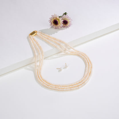 3.0-4.0mm White Button Freshwater Pearl Necklace Set - AA