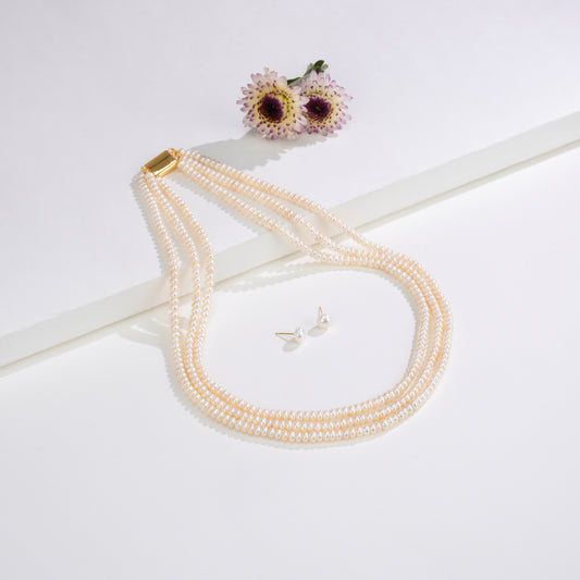 3.0-4.0mm White Button Freshwater Pearl Necklace Set - AA