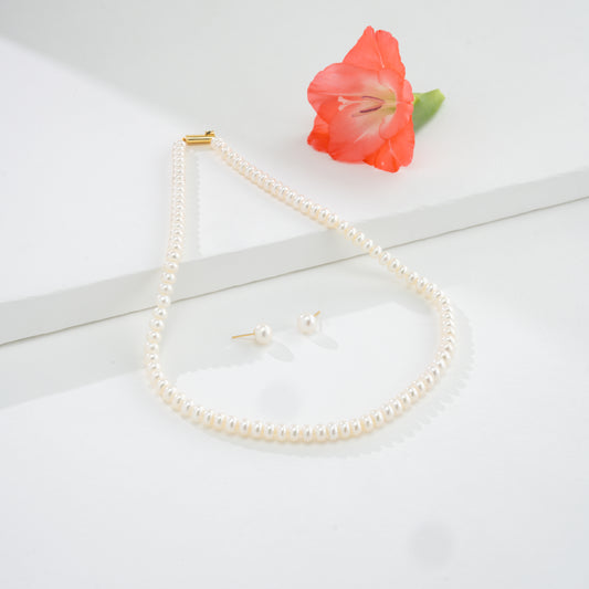5.0-6.0mm White Button Freshwater Pearl Necklace Set - AA Quality