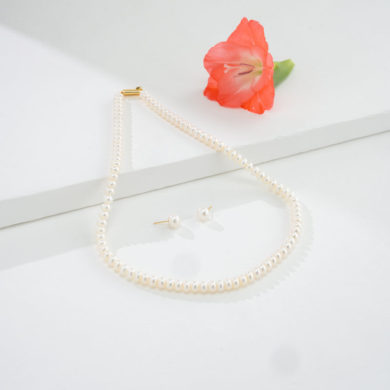 3.0-4.0mm White Button Freshwater Pearl Necklace Set - AA Quality