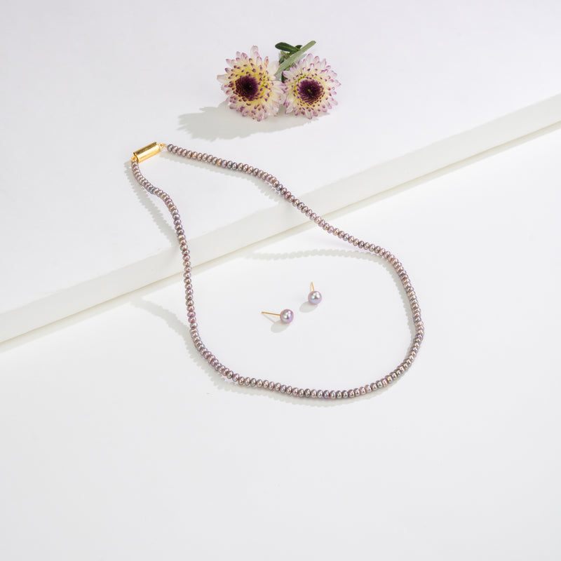 3.0-4.0mm Pink Button Freshwater Pearl Necklace Set - AA Quality