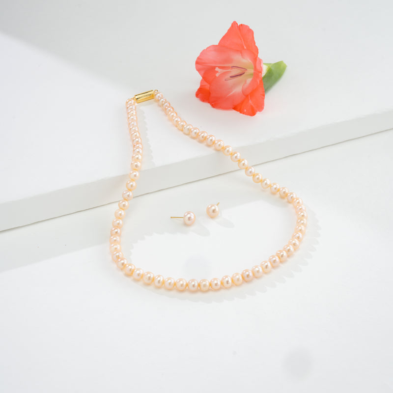 6.0-7.0mm Pink Near Round Freshwater Pearl Necklace Set - AA Quality