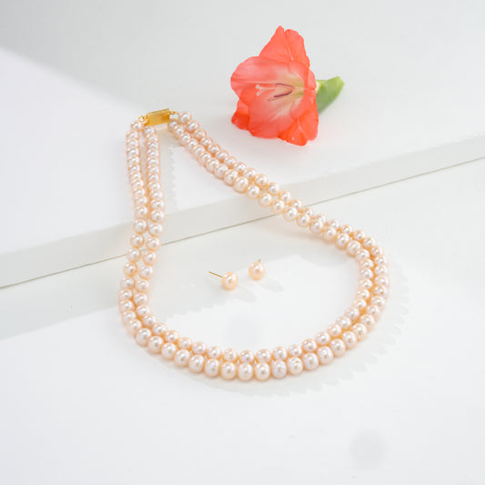 7.0-8.0mm Pink Near Round Freshwater Pearl Necklace Set - AA Quality