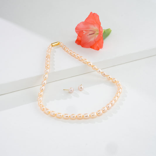 9.0-10.0mm Pink Drop Freshwater Pearl Necklace Set- AA Quality