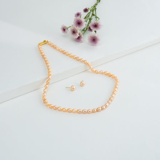 7.0-8.0mm Pink Drop Freshwater Pearl Necklace Set - AA Quality