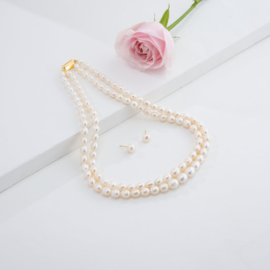 9.0-10.0mm White Drop Freshwater Pearl Necklace Set - AA Quality