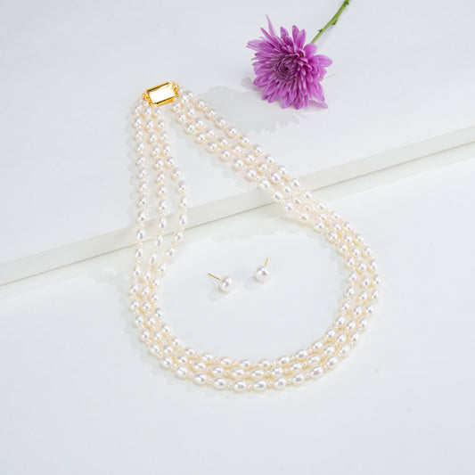 7.0-8.0mm White Fancy Freshwater Pearl Necklace Set - AA Quality