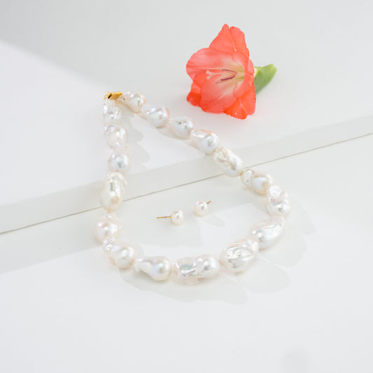 19.0-20.0mm White Baroque Freshwater Pearl Necklace Set- AA Quality