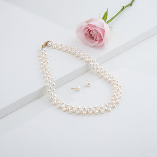 6.0-7.0mm White Button Fancy Freshwater Pearl Necklace Set - AA Quality