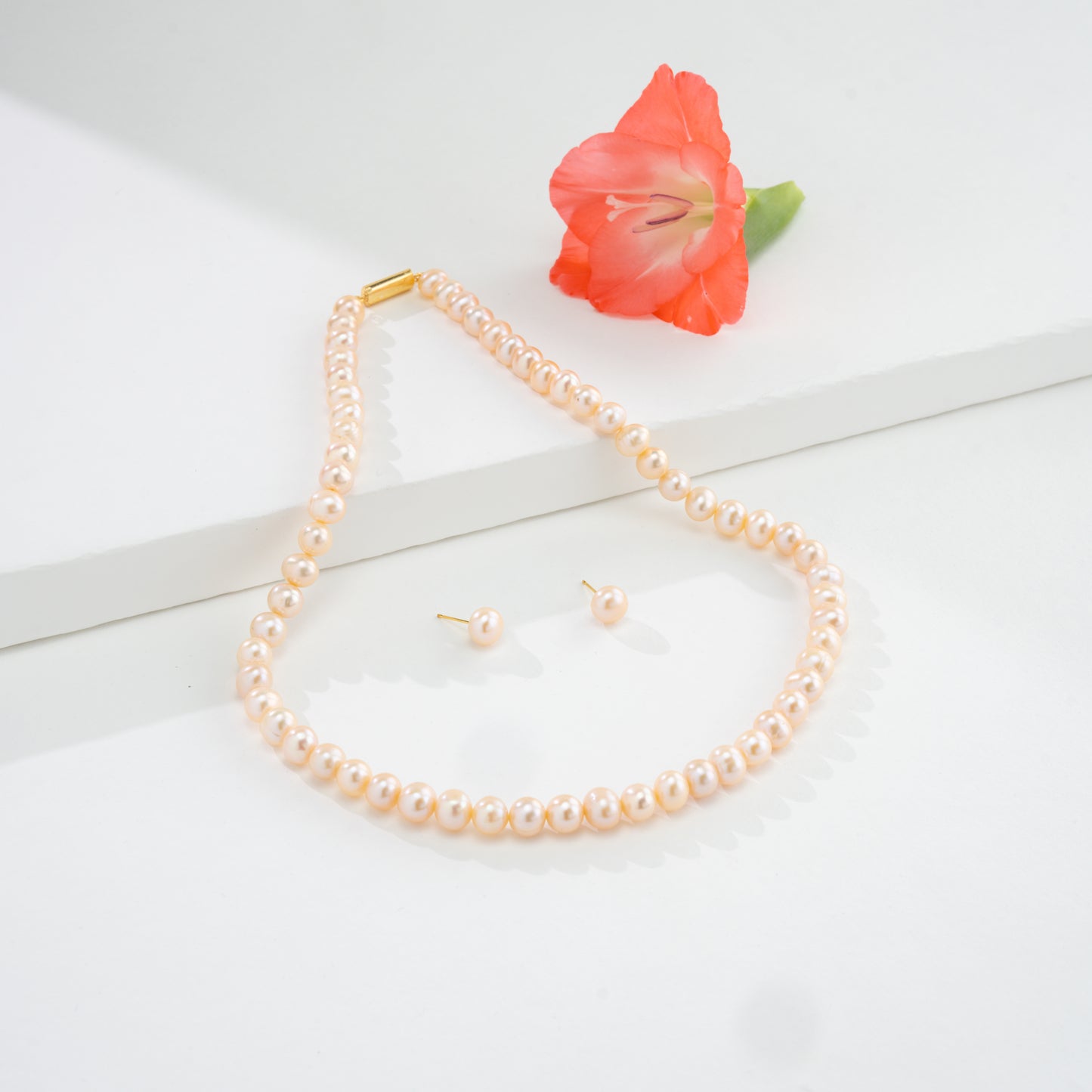 7.0-8.0mm Pink Near Round Freshwater Pearl Necklace Set - AA Quality