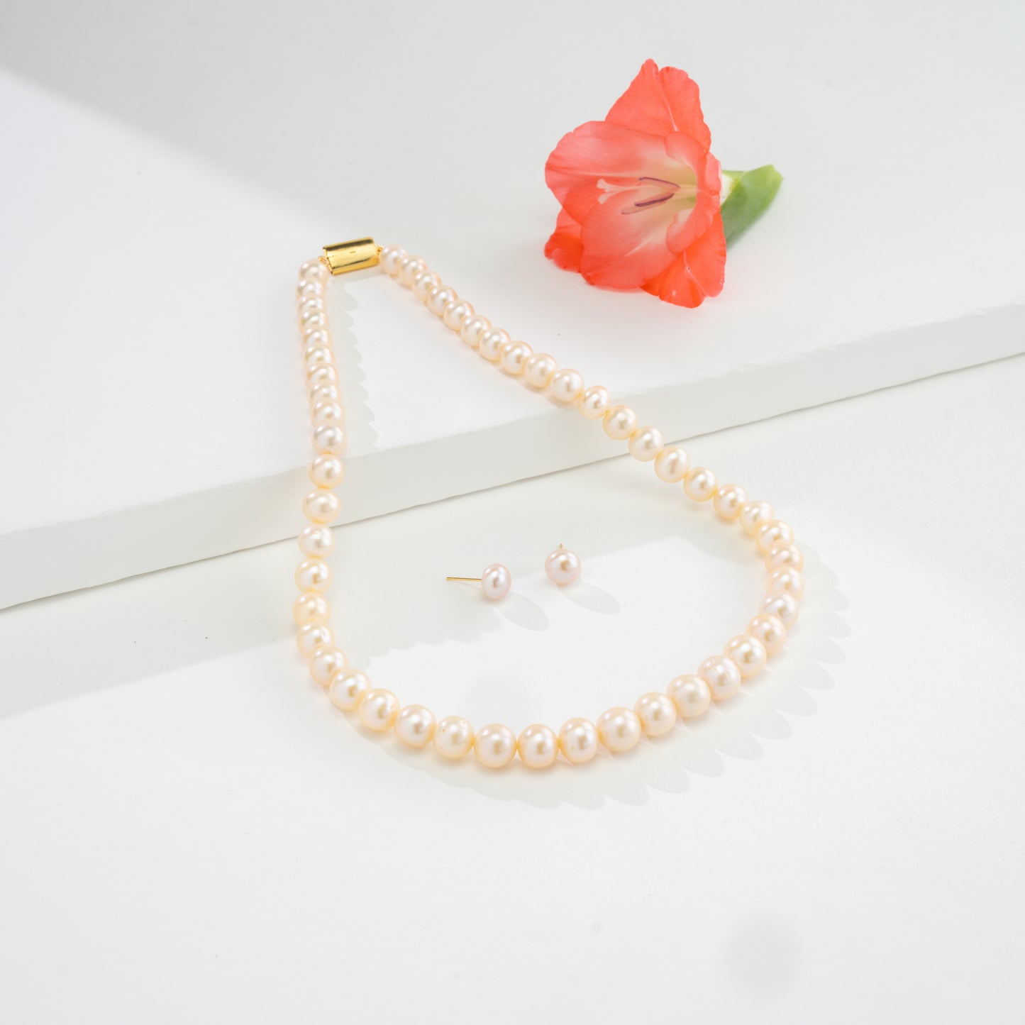 8.0-9.0mm Pink Near Round Freshwater Pearl Necklace Set - AA Quality