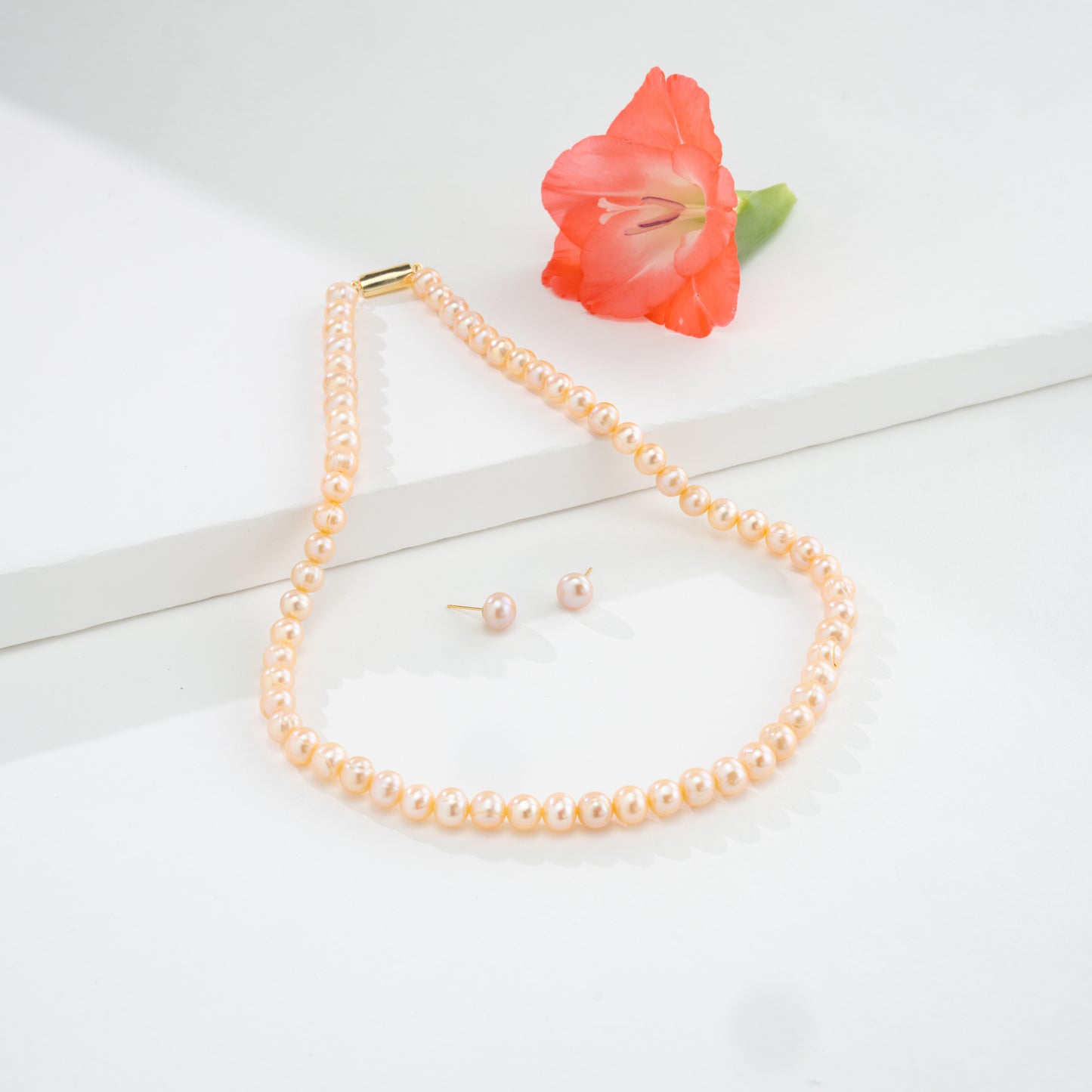 8.0-9.0mm Pink Near Round Freshwater Pearl Necklace Set - A Quality