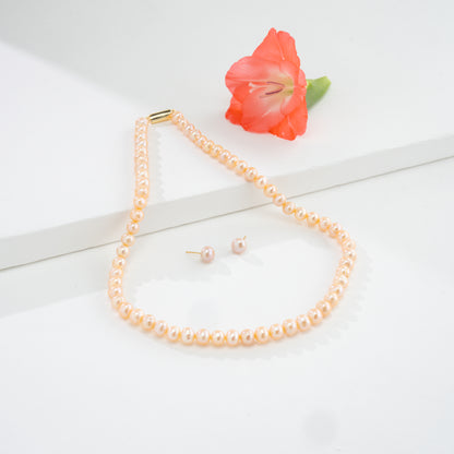 8.0-9.0mm Pink Near Round Freshwater Pearl Necklace Set - A Quality