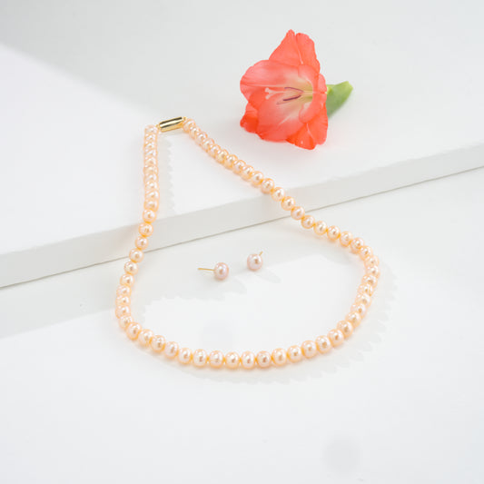 8.0-9.0mm Pink Near Round Freshwater Pearl Necklace Set - AA Quality