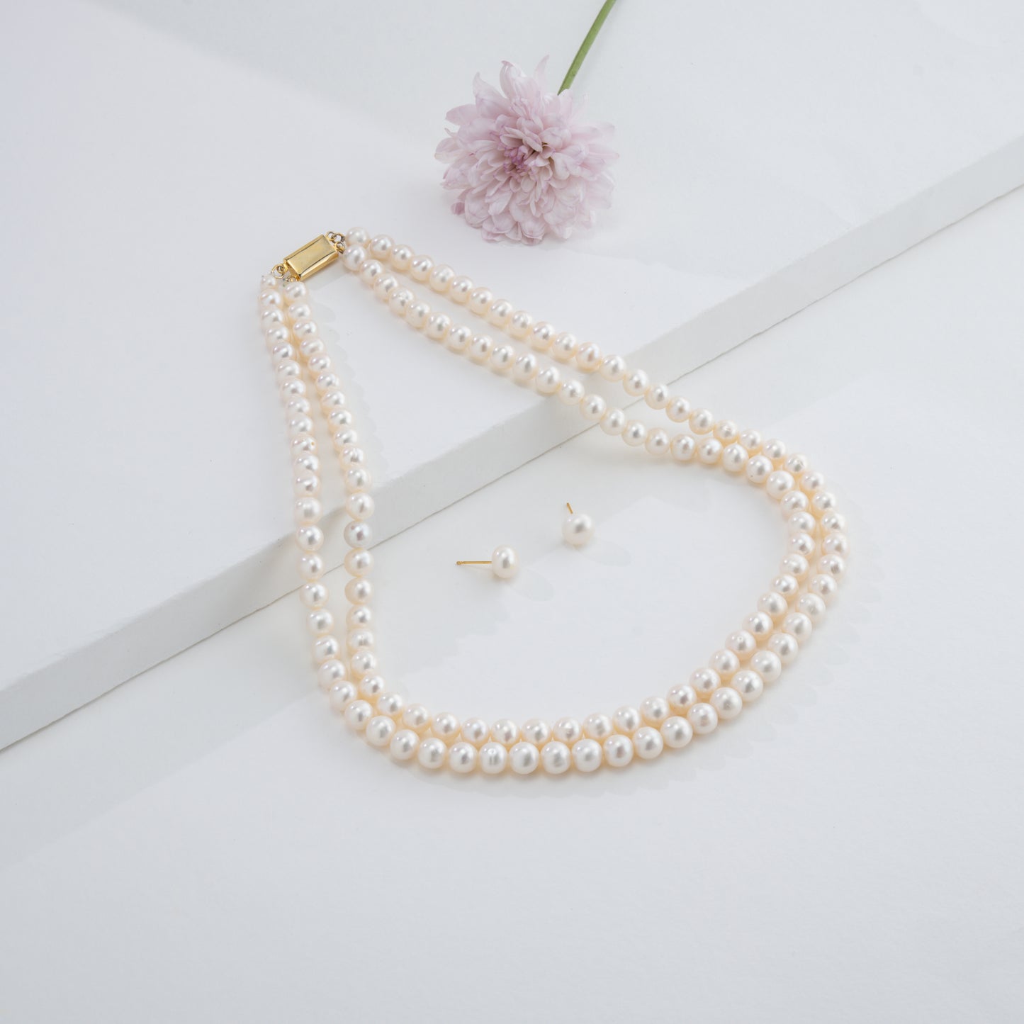 7.0-8.0mm Round White Freshwater Pearl Necklace Set - AA Quality